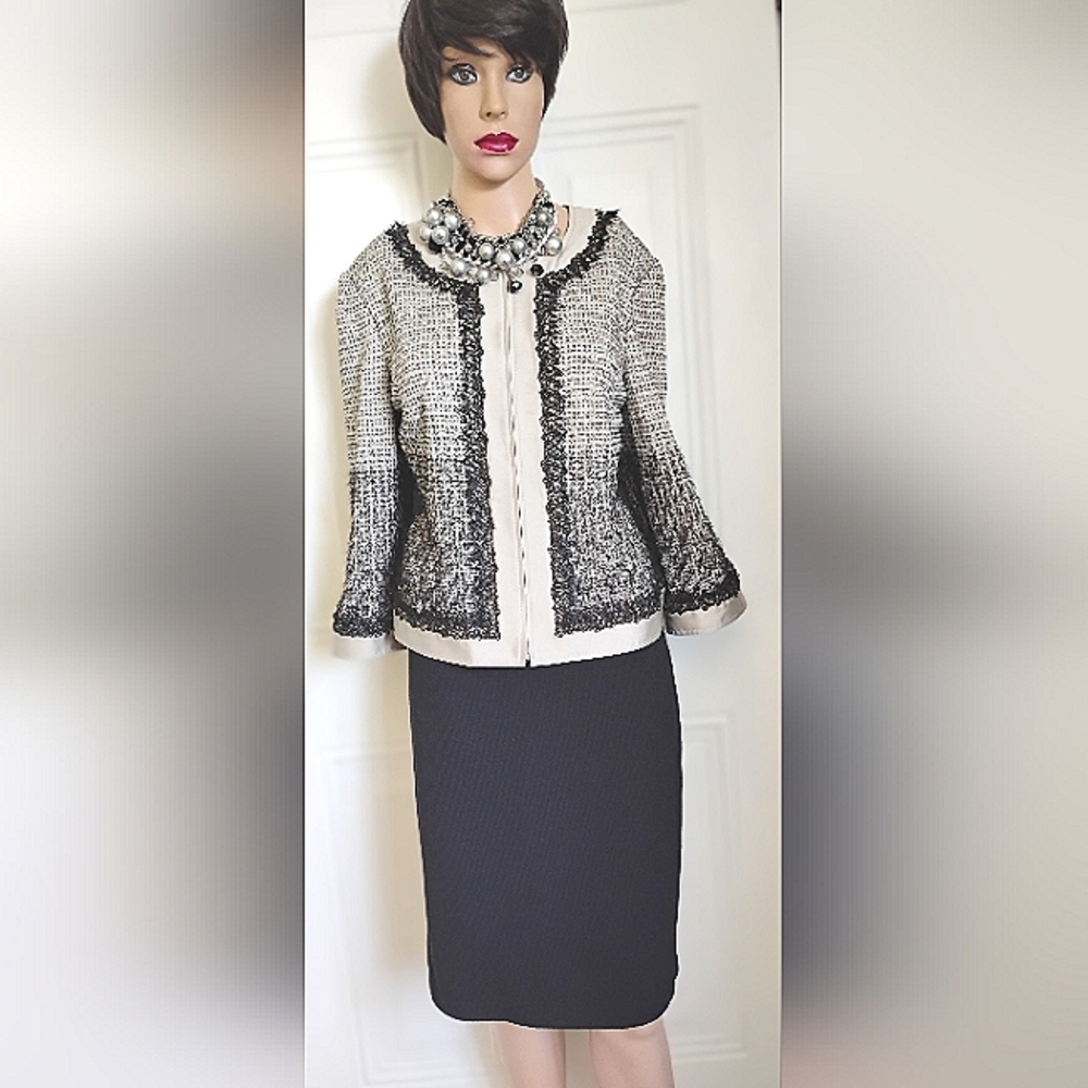 St John Couture Boucle Eyelash Black Silver Silk Metallic Knit Skirt Suit 12 14 - Picture 7 of 13